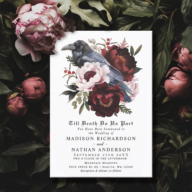 Romantic Gothic Watercolor Raven Blommigt Bröllop Inbjudningar (Skapare uppladdad)