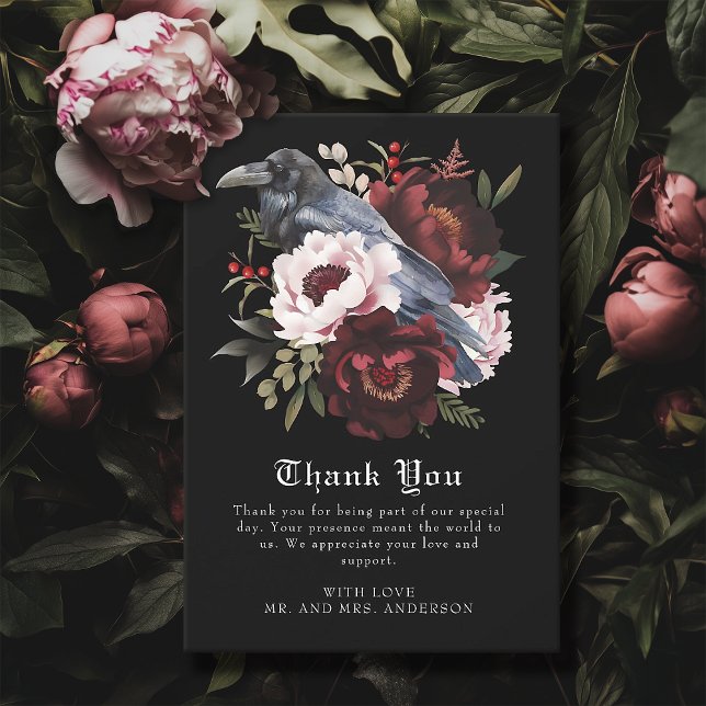 Romantic Gothic Watercolor Raven Blommigt Bröllop Tack Kort (Skapare uppladdad)