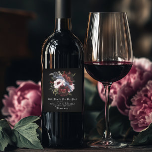 Romantic Gothic Watercolor Raven Blommigt Bröllop Vinflaska Etikett