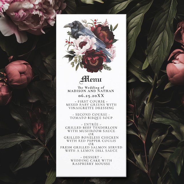 Romantic Gothic Watercolor Raven Bröllop Menu Meny (Skapare uppladdad)