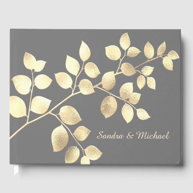 Romantic grått golden löv bröllop gäst bok (Framsida)