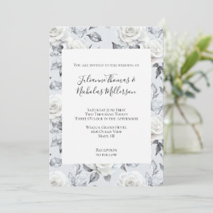 Romantic Grått Silver Vit ros Blommigt Bröllop Inbjudningar