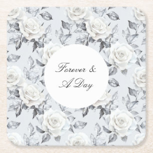 Romantic Grått Silver Vit ros Blommigt Bröllop Underlägg Papper Kvadrat