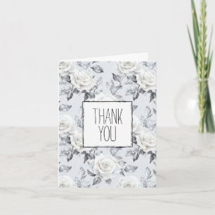 Romantic Grått Silver Vit ros Blommigt Tack Kort