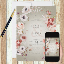 Romantic Green Pink Floral Wedding Invitation Inbjudningar