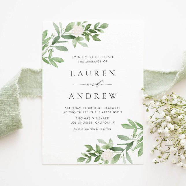 Romantic Greenery and White Flowers Bröllop Inbjudan Vykort (Romantic Greenery and White Flowers Wedding Invitation Postcard)