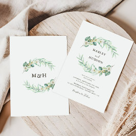 Romantic Greenery Wreath monogram Wedding Inbjudningar