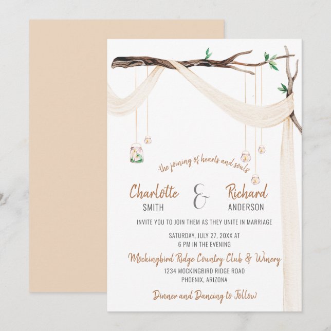 Romantic Gren med Draps och Mason Burk Ljus Inbjudningar (Fram/baksida)