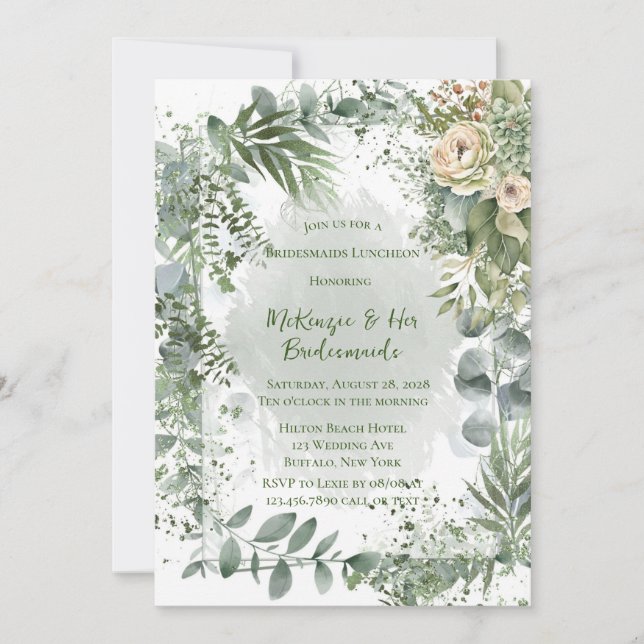 Romantic Grönt Beige Peony Bridesmaids Luncheon Inbjudningar (Framsida)