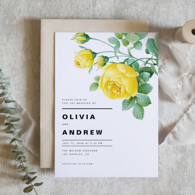 Romantic Gul ros Botanical Bröllop Inbjudningar (Romantic Yellow Roses Botanical Wedding Invitation)