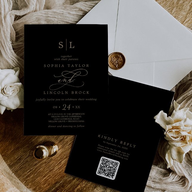 Romantic Guld Black Monogram QR-kod Bakåt Bröllop Inbjudningar (Skapare uppladdad)