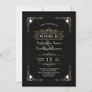 Romantic Guld Black Underbar Gatsby Art Deco Bröll Inbjudningar