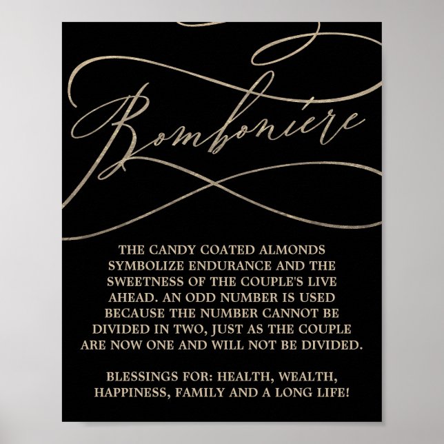 Romantic Guld Calligraphy Black Bröllop Bomboniere Poster (Framsidan)