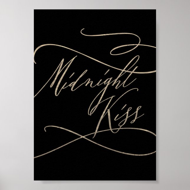 Romantic Guld Calligraphy Black Midnight Kiss Poster (Framsidan)