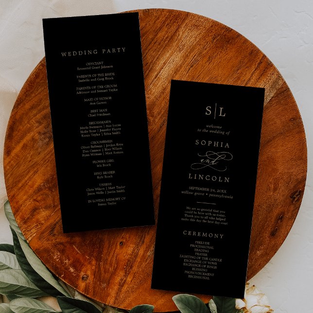 Romantic Guld Calligraphy | Black Monogram Bröllop Program (Skapare uppladdad)