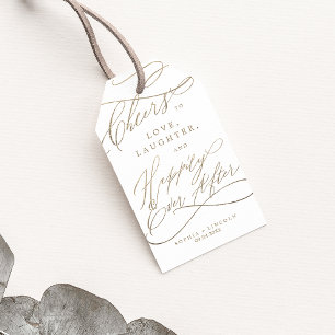 Romantic Guld Calligraphy Cheers to Kärlek Bröllop Presentetikett