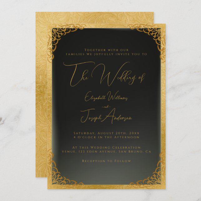 Romantic Guld Calligraphy & Gold Foil Bröllop Inbjudningar (Fram/baksida)
