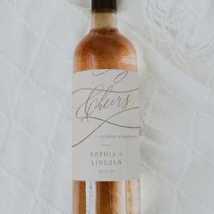 Romantic Guld Calligraphy   Ivory Cheers Bröllop Vinflaska Etikett