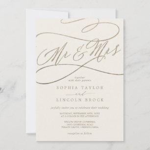 Romantic Guld Calligraphy Ivory M. & Mrs Bröllop Inbjudningar