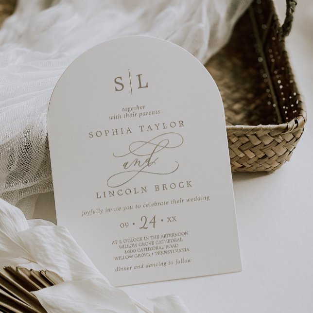 Romantic Guld Calligraphy Monogram Arch Bröllop Inbjudningar (Romantic Gold Calligraphy Monogram Arch Wedding Invitation)