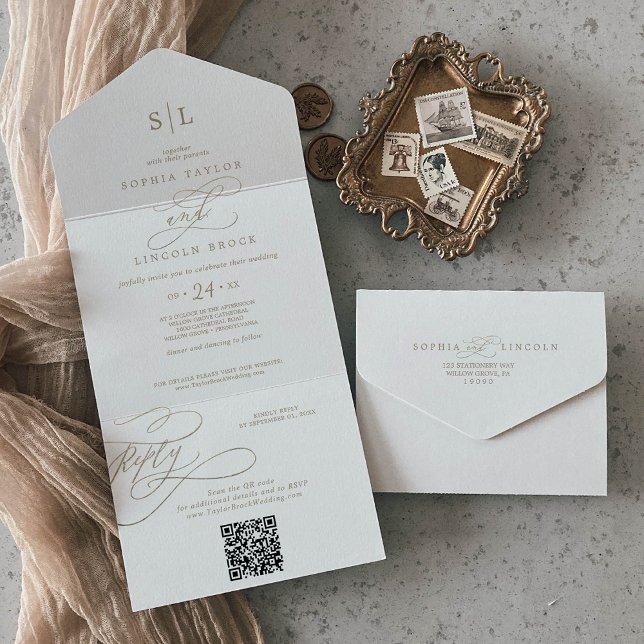 Romantic Guld Calligraphy Monogram QR Code Bröllop (Skapare uppladdad)
