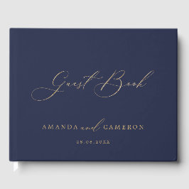 Romantic Guld Calligraphy Navy Blue Bröllop Gästböcker