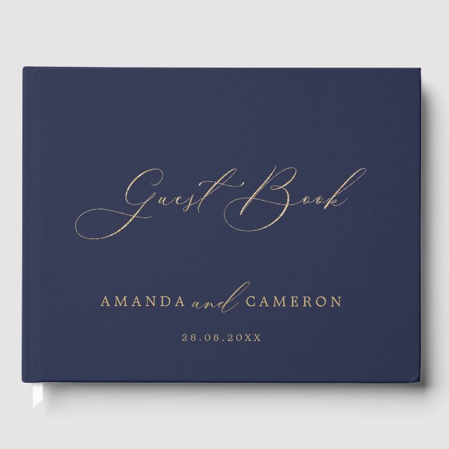 Romantic Guld Calligraphy Navy Blue Bröllop Gästböcker (Framsida)