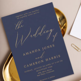 Romantic Guld Calligraphy Navy Blue Photo Bröllop Inbjudningar