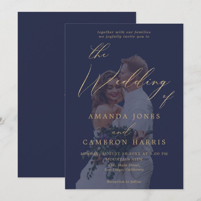 Romantic Guld Calligraphy Navy Blue Photo Bröllop Inbjudningar (Fram/baksida)