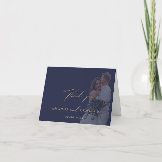 Romantic Guld Calligraphy Navy Bröllop Tack (Framsida)