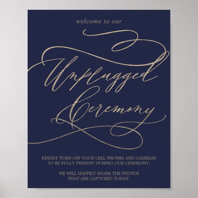 Romantic Guld Calligraphy Navy Unplugged Ceremony Poster (Framsidan)