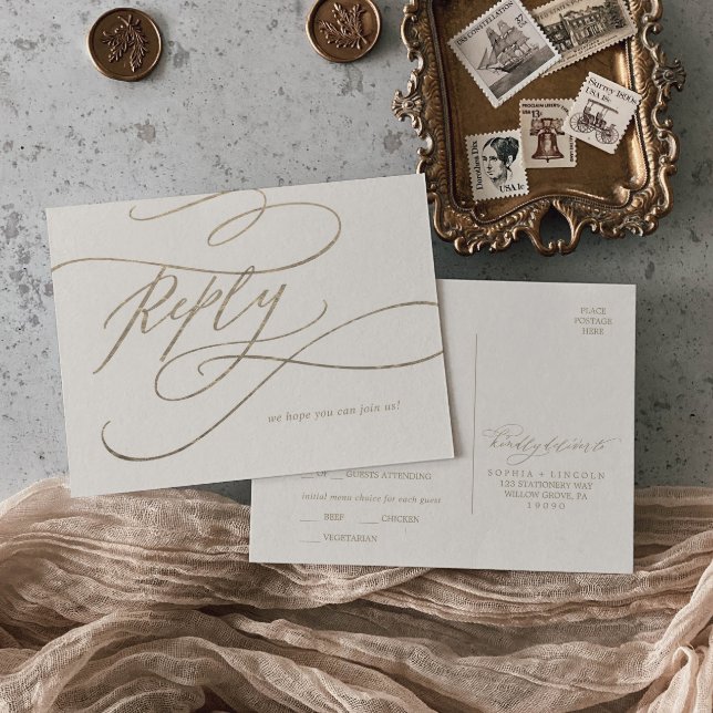 Romantic Guld Calligraphy | OSA för val av elfenbe Inbjudan Vykort (Skapare uppladdad)