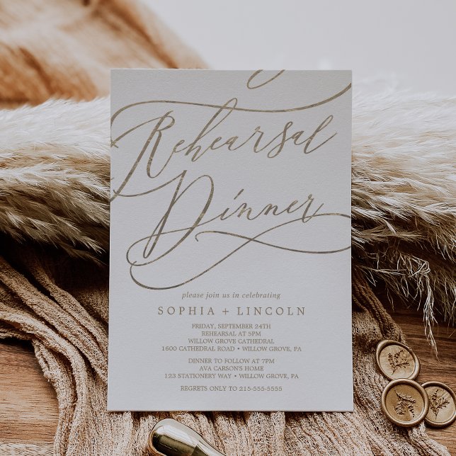Romantic Guld Calligraphy Rehearsal Dinner Inbjudningar (Skapare uppladdad)