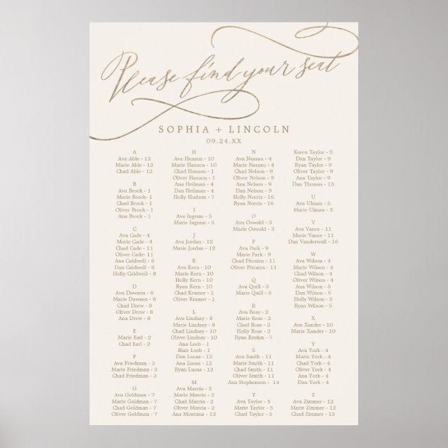 Romantic Guld Calligraphy | Sätesdiagram för Elfen Poster (Framsidan)
