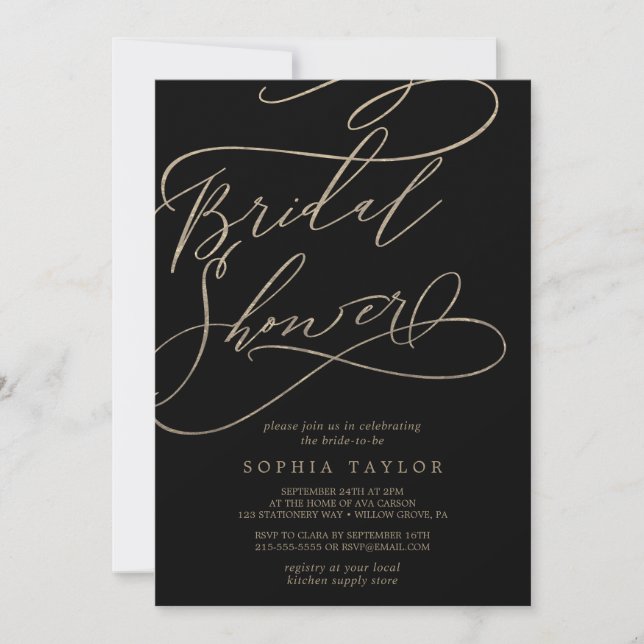 Romantic Guld Calligraphy | Svart Möhippa Inbjudningar (Framsida)