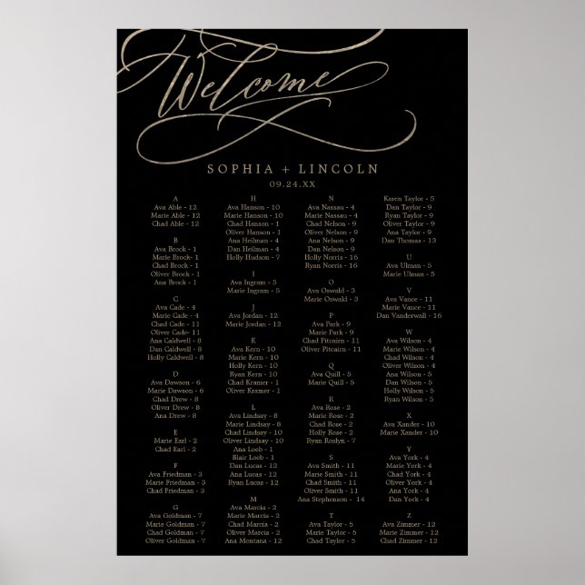 Romantic Guld Calligraphy | Svart sittdiagram Poster (Framsidan)