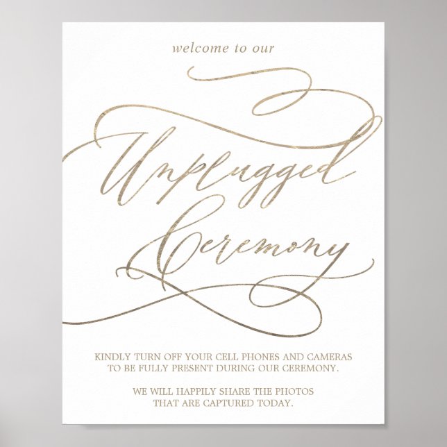 Romantic Guld Calligraphy Unplugged Ceremony Sign Poster (Framsidan)