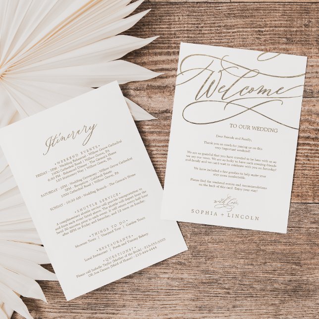 Romantic Guld Calligraphy Welcome Itinerary Brev (Skapare uppladdad)