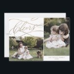 Romantic Guld Cheers 3 fotoår under granskning Julkort<br><div class="desc">Det romantiska guld-beskedet är tre fotoår i recensionskortet som är den enkla perfekten att Julhälsningar. Den moderna klassiska designen har finare-snurrar och vitaktiga blomningar med elegant elegant-handskriven faux champagne guld-folie-typografi. Anpassa kortet med 3 foton, din familj namn, första namn och året. Ta med ett år i recension eller i ett...</div>