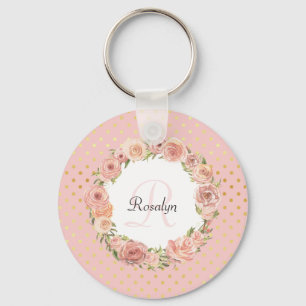 Romantic Guld Doted Ro Blommigt Monogrammed Namn Nyckelring