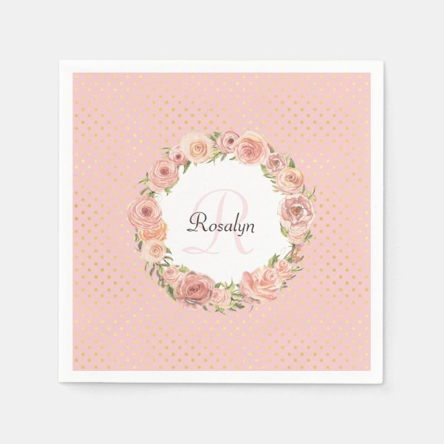 Romantic Guld Doted Ro Blommigt Monogrammed Namn Pappersservett (Framsidan)