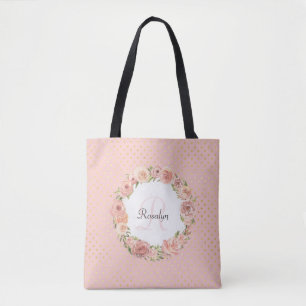 Romantic Guld Doted Ro Blommigt Monogrammed Namn Tygkasse