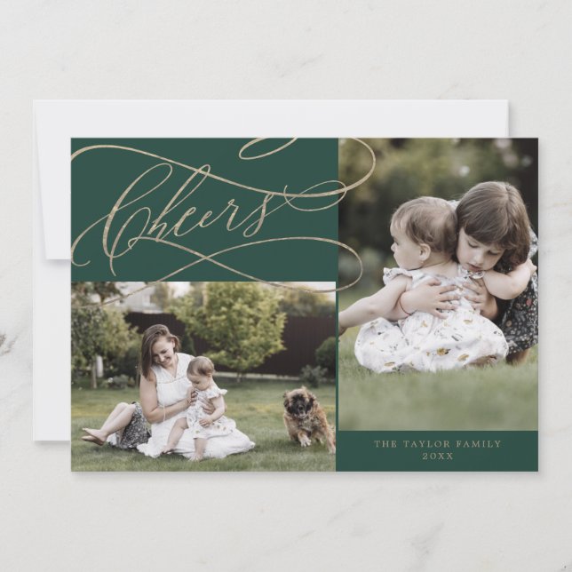 Romantic Guld Grönt Chef för 3 fotoår under gransk Julkort (Framsida)