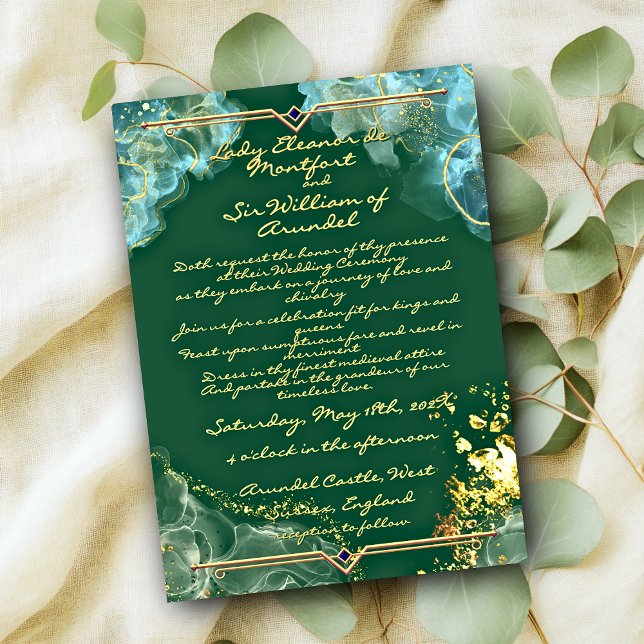 Romantic Guld Grönt Marble Fantasy2 Bröllop Inbjudningar (Romantic Gold Green Marble Fantasy2 Wedding Invitation)