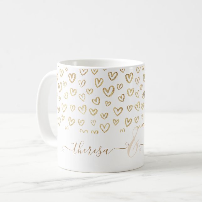 Romantic Guld Hearts Anpassningsbar med namnet kaf Kaffemugg (Framsida vänster)