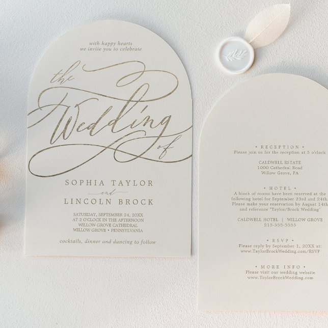 Romantic Guld Ivory Boho Arch allt på en Bröllop Inbjudningar (Romantic Gold Ivory Boho Arch All In One Wedding Invitation)