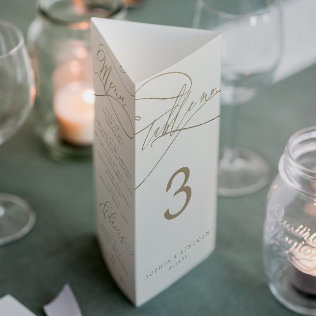 Romantic Guld Ivory Bröllop Trifold Bordsnummer (Skapare uppladdad)