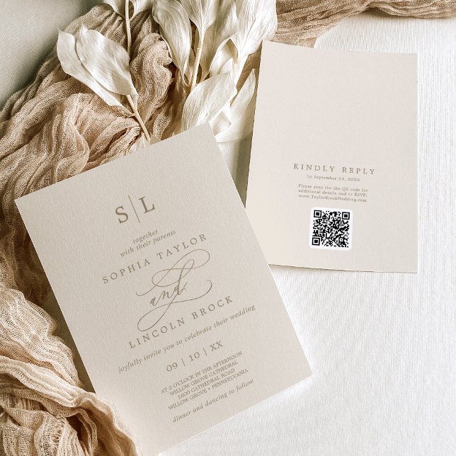 Romantic Guld Ivory Monogram QR Code OSA Bröllop Inbjudningar (Romantic Gold Ivory Monogram QR Code RSVP Wedding Invitation)