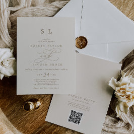 Romantic Guld Ivory Monogram QR-kod Bröllop Inbjudningar