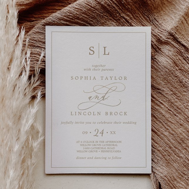 Romantic Guld Kalligrafi | Ivory Monogram Bröllop Inbjudningar (Skapare uppladdad)